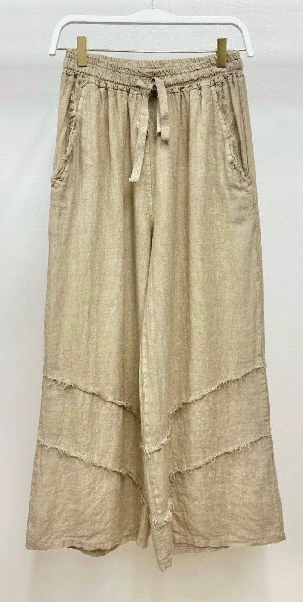 Italian Linen Frill Trim Palazzo Pants-Earth Beige