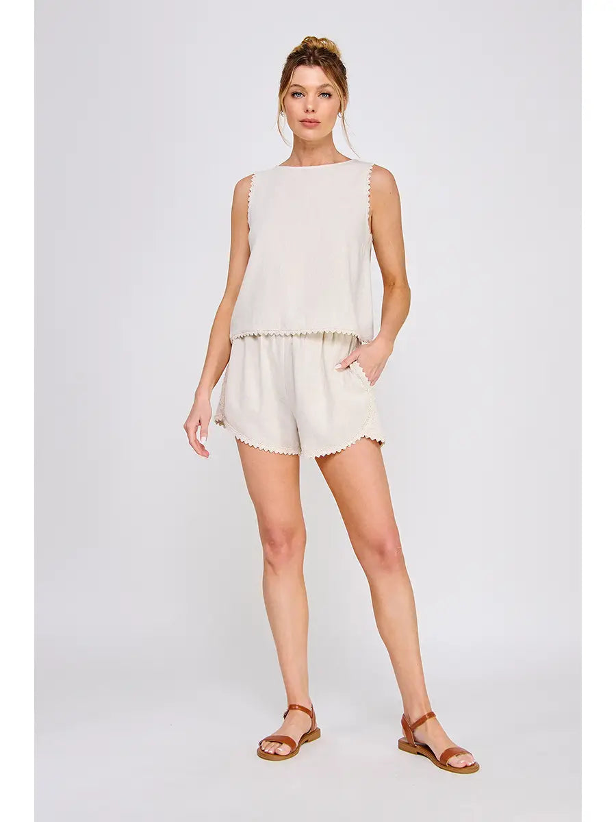 Soft Linen Blend Top Crochet Lace Trim-Natural