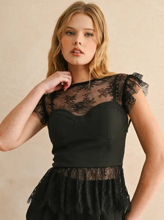 Lace Fabric Peplum Blouse-Black