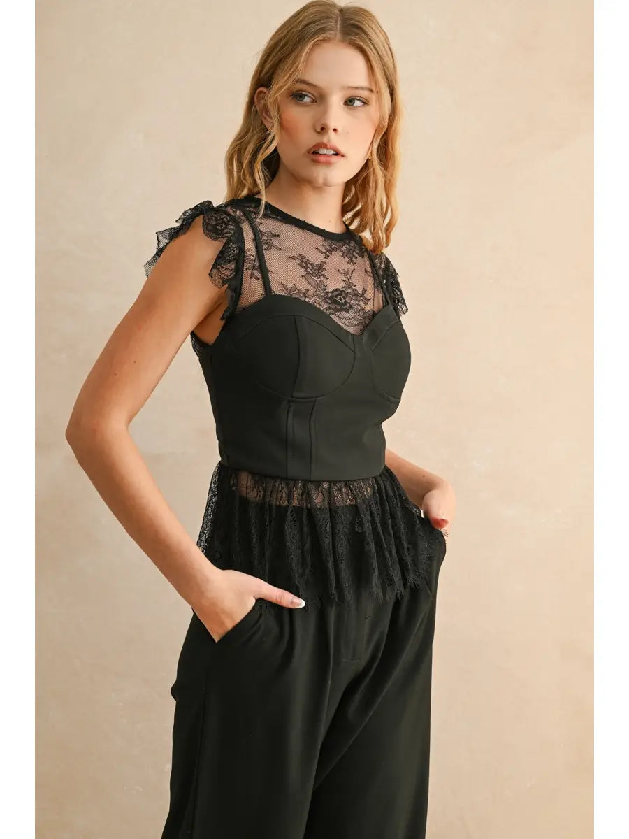 Lace Fabric Peplum Blouse-Black
