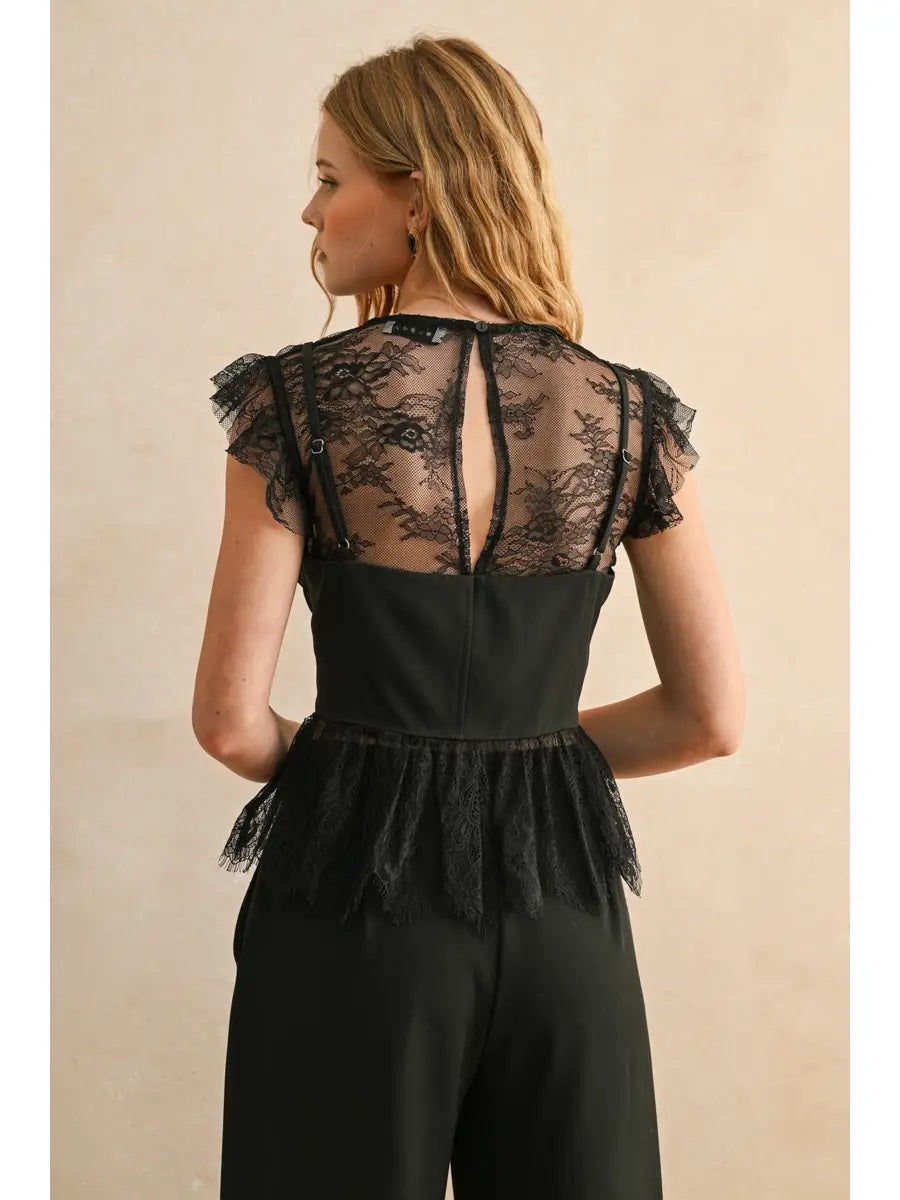Lace Fabric Peplum Blouse-Black