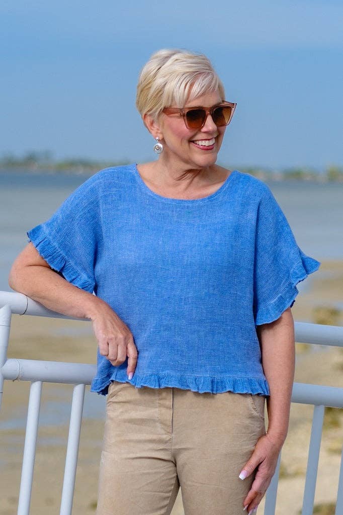 Linen/Cotton Ruffle Top-Jeans