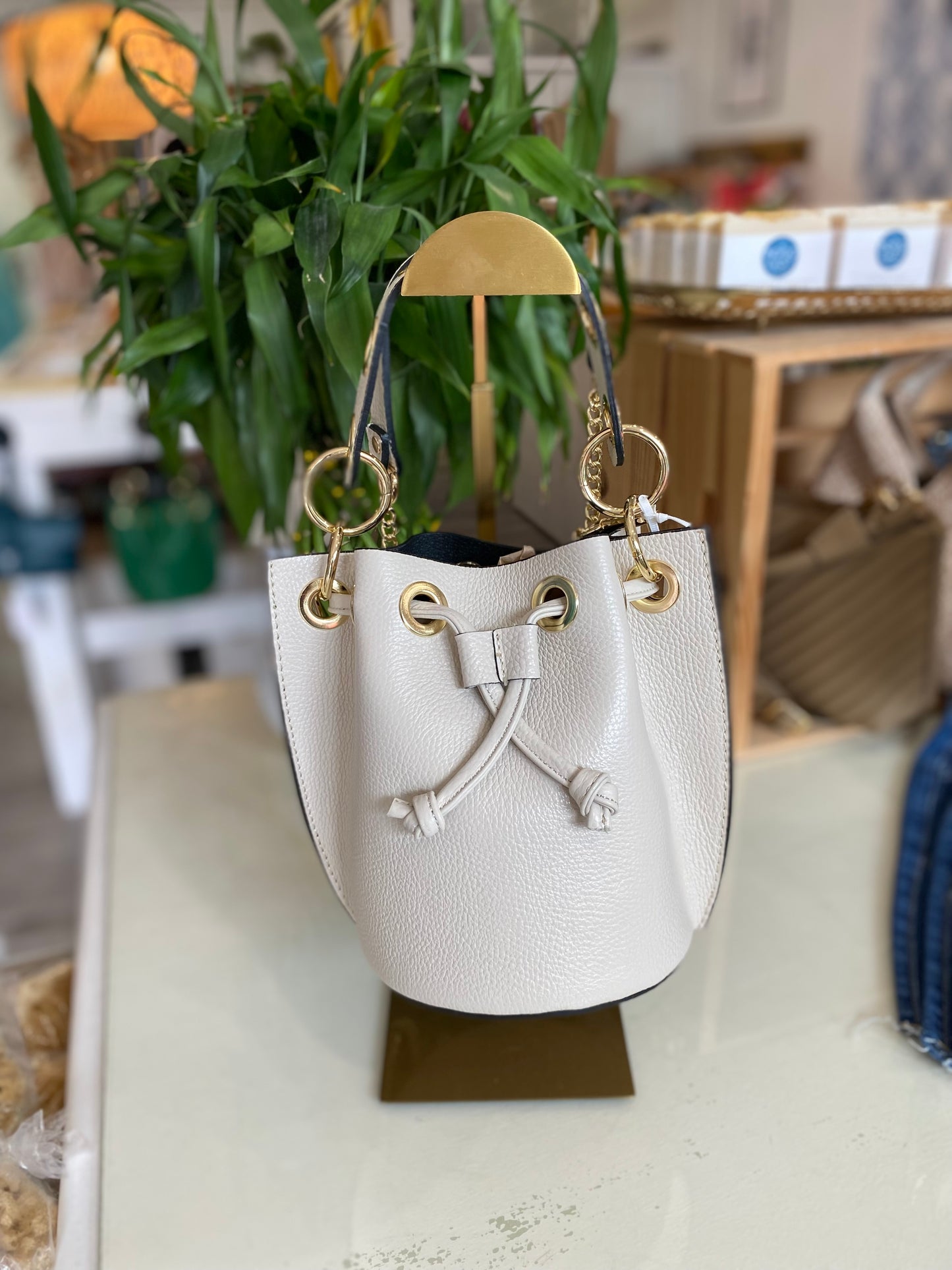 Italian Leather Bucket Bag-Beige