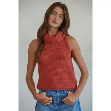 Knit Sweater Sleeveless Mock Neck Crop Top-Dusty Red