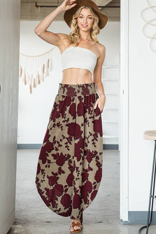 Floral Print Smocked Waistband Wide Leg Pants-Mocha/Burgundy