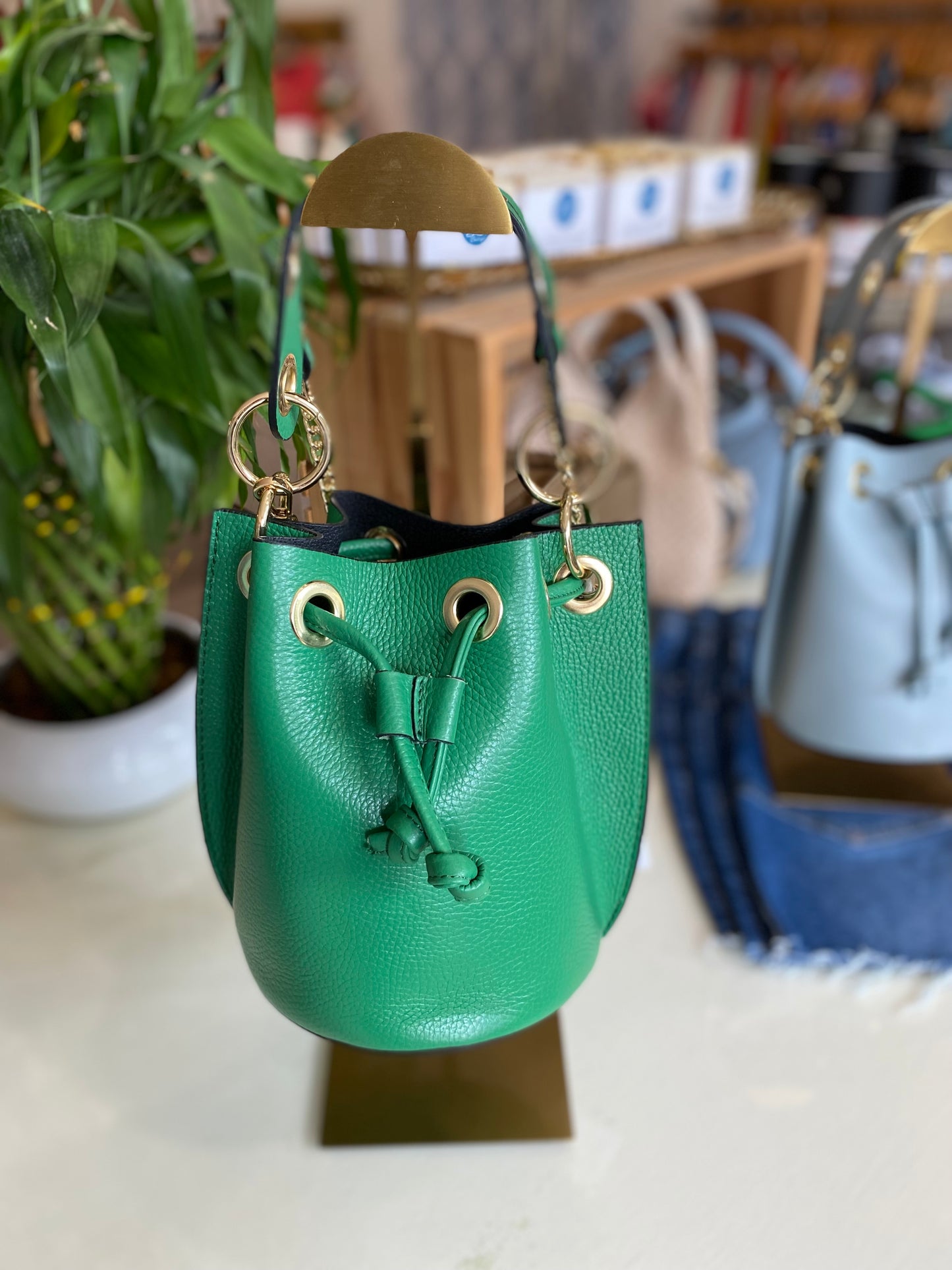 Italian Leather Bucket Bag-Kelly Green