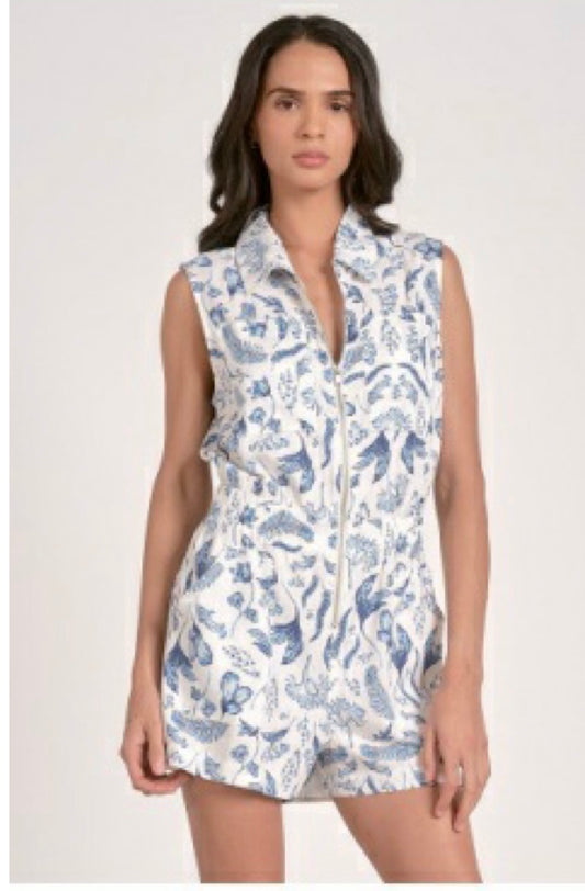 Sleeveless Romper w/Collar-Blue Porcelain