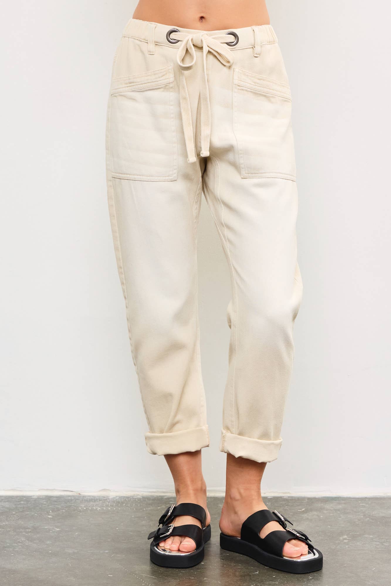 Front Tie Denim Pants-Ecru