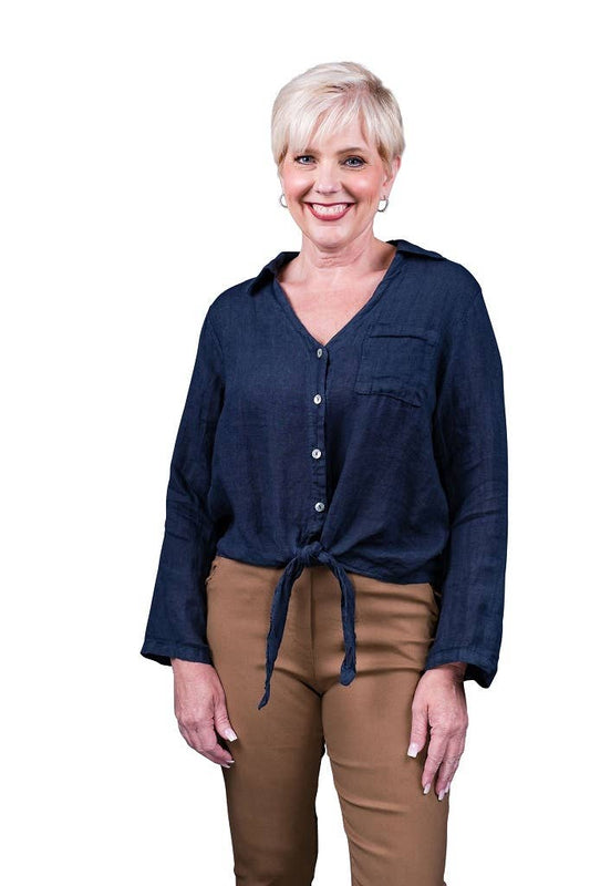 Linen Tie Front Top -Navy