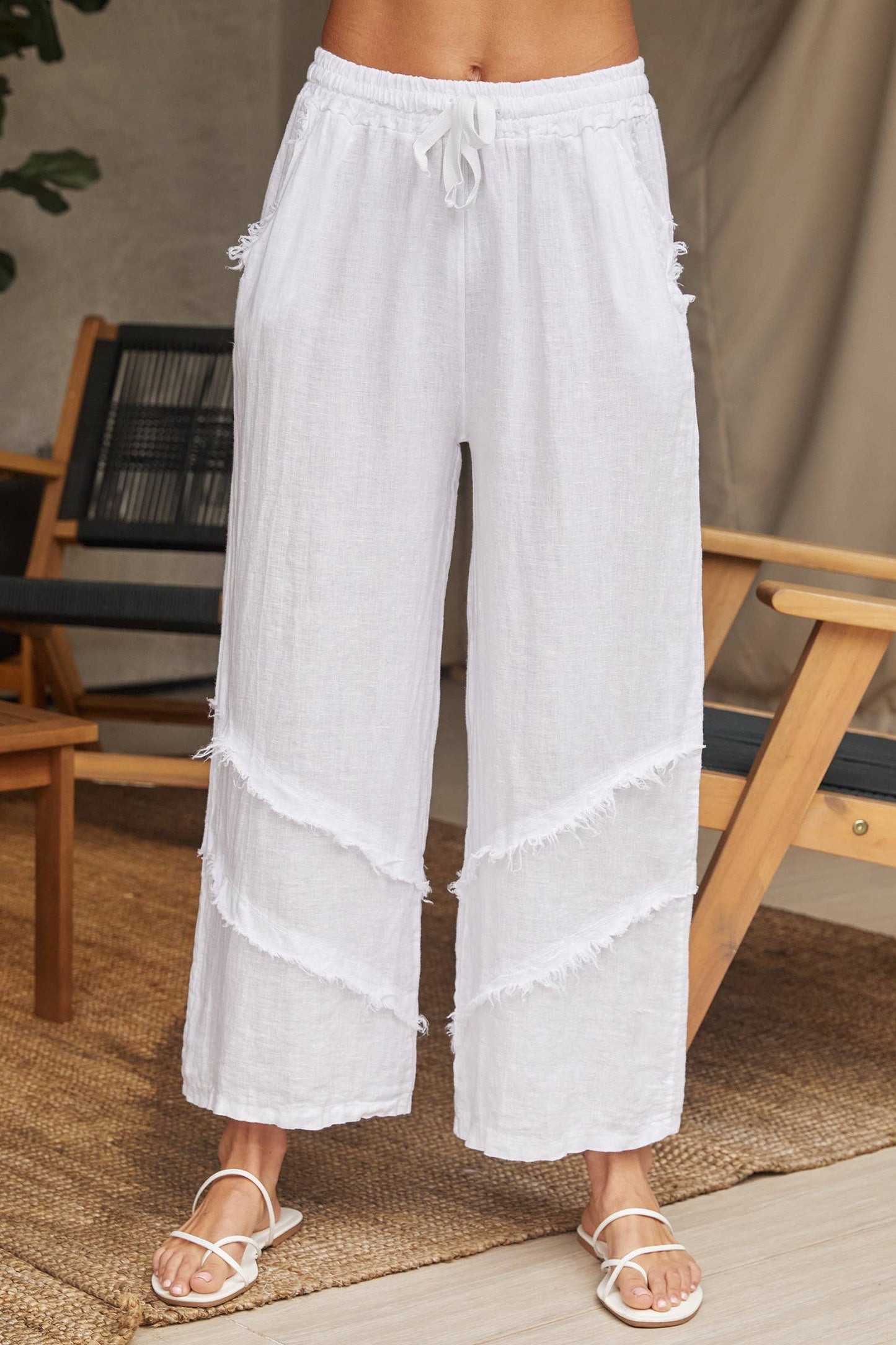 Italian Linen Frill Trim Palazzo Pants/White