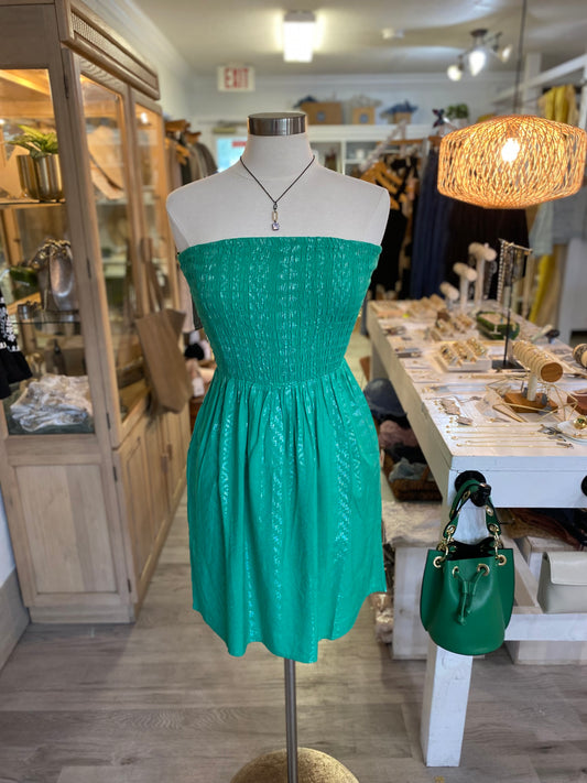 Strapless Smocked Green/Metallic Arrow Dress