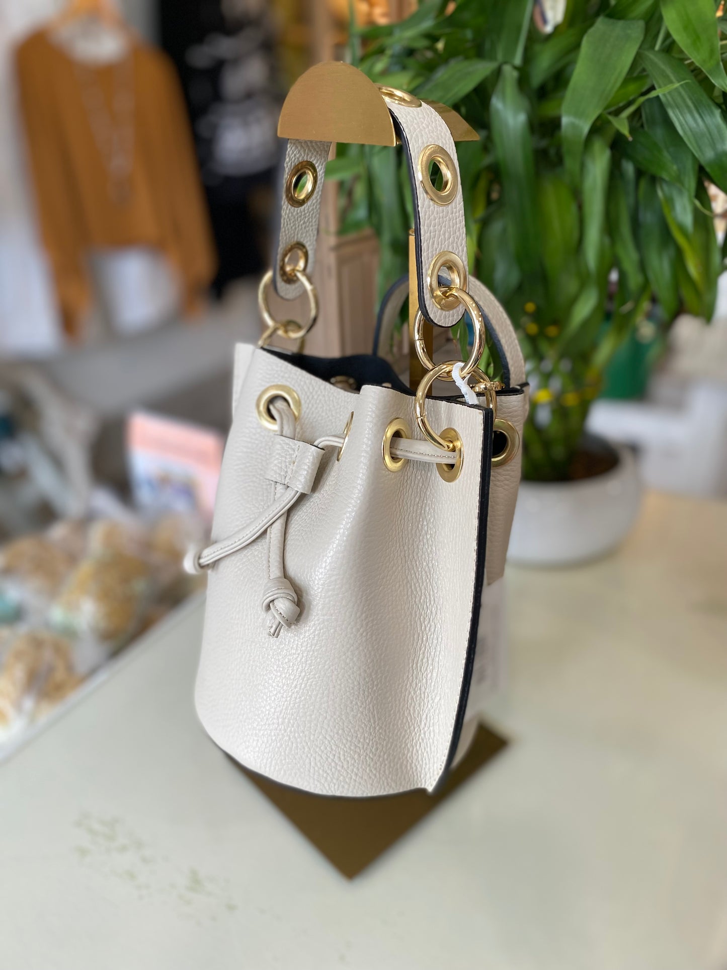 Italian Leather Bucket Bag-Beige