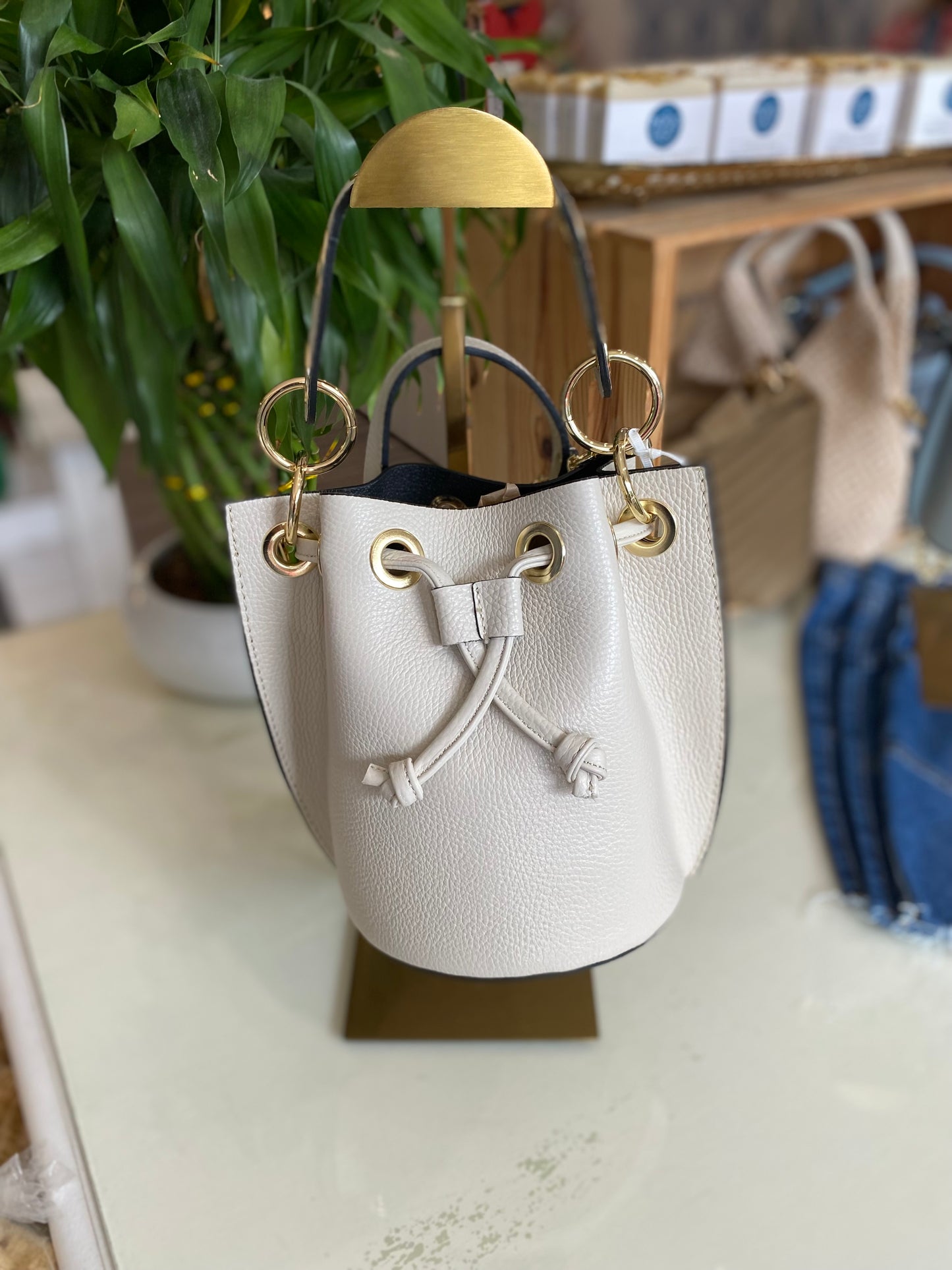 Italian Leather Bucket Bag-Beige