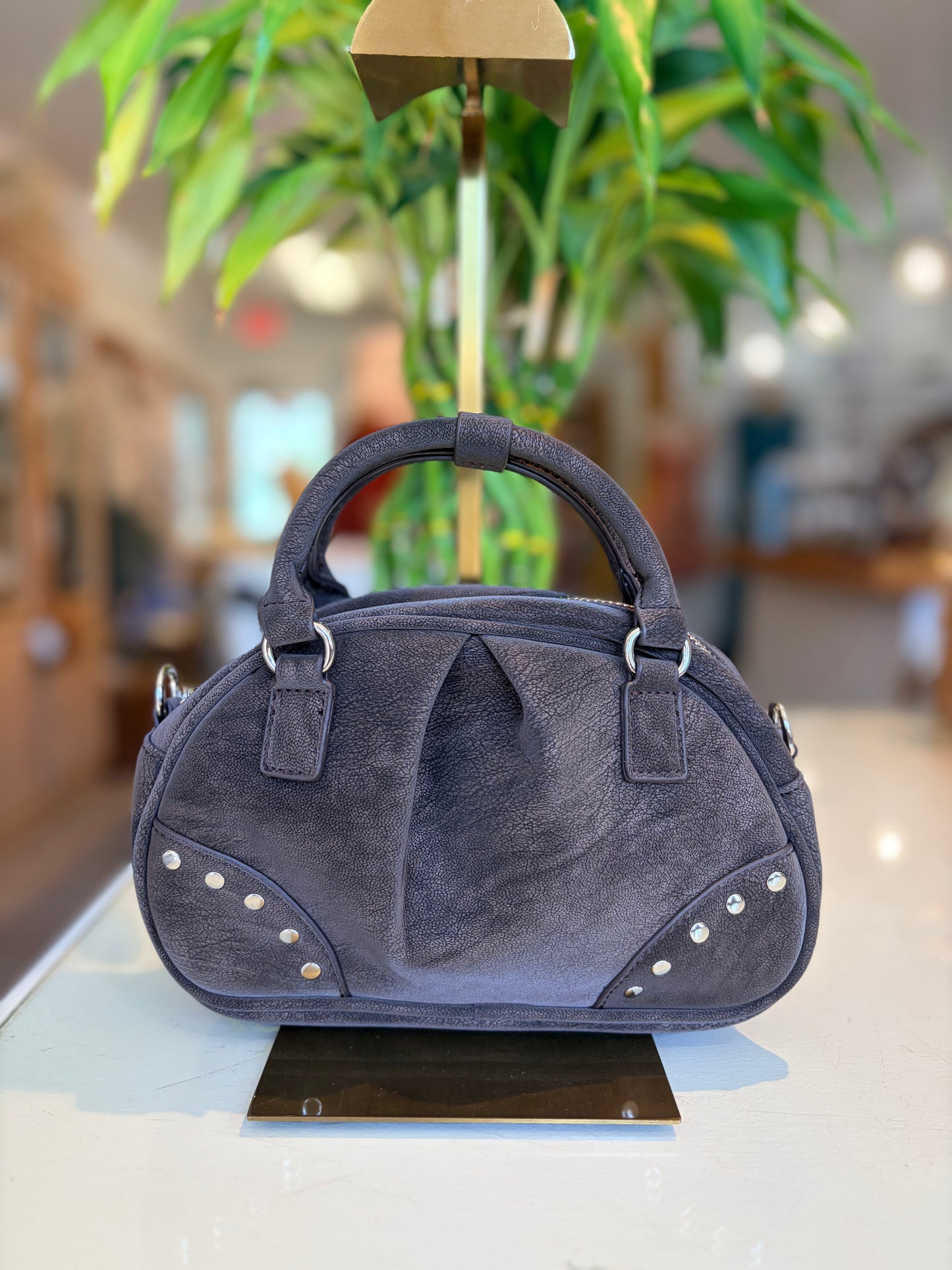 Suede Like Microfiber Leather Bowling/Crossbody Bag-Chocolate