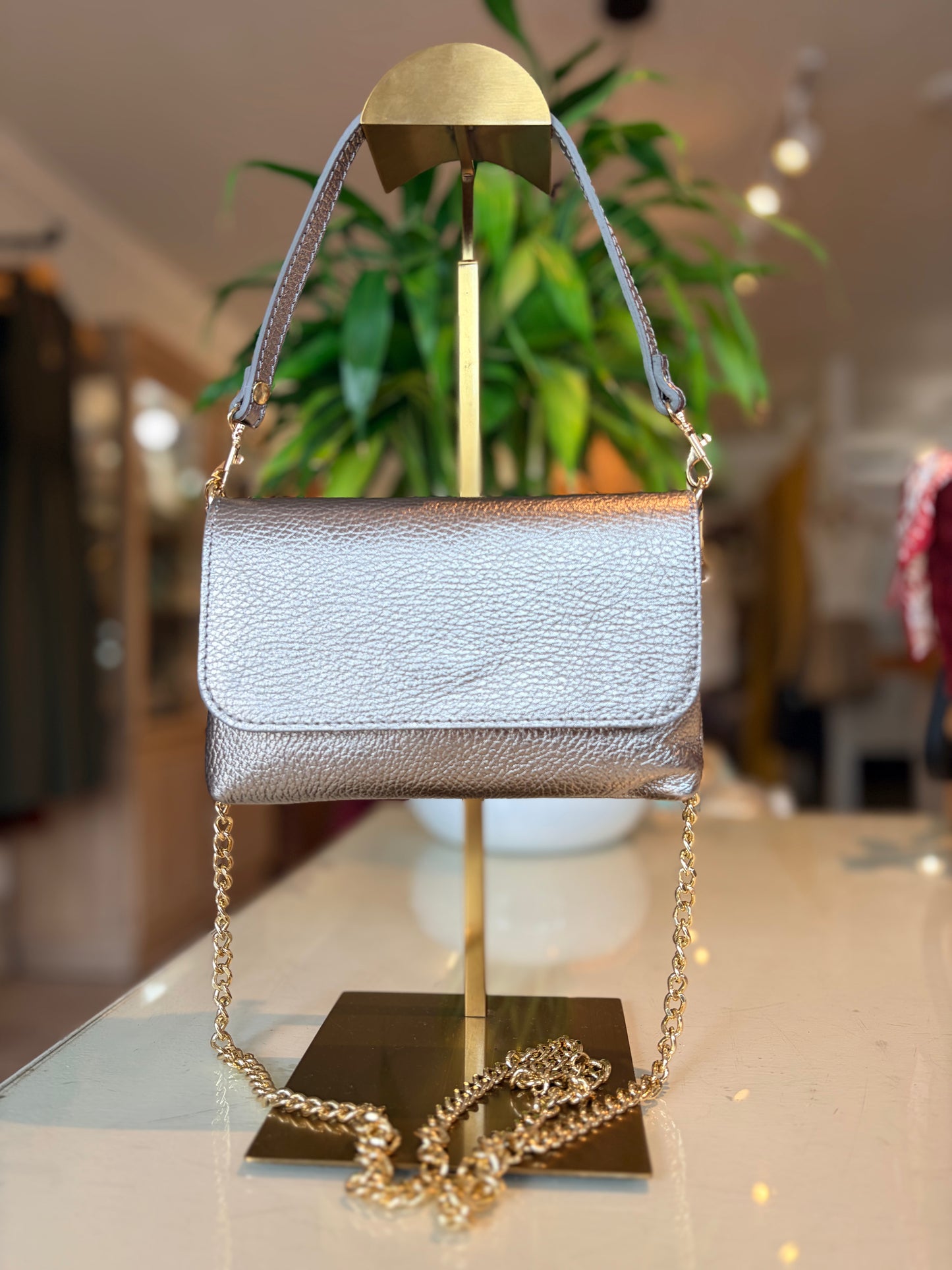 Italian Leather Crossbody & Clutch-Pewter