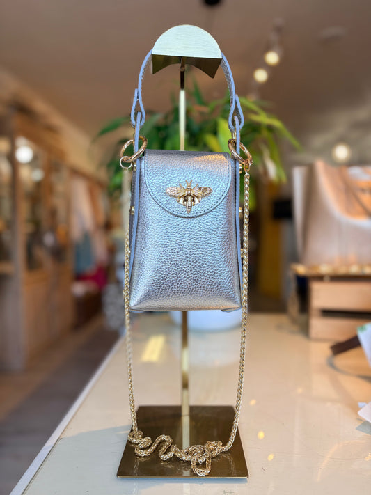 Italian Leather Bee Clutch & Crossbody-Silver