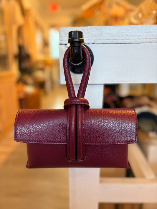 Italian Wristlet Leather Bag w/Shoulder Strap-Burgundy