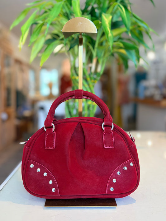 Suede Like Microfiber Leather Bowling/Crossbody Bag-Red