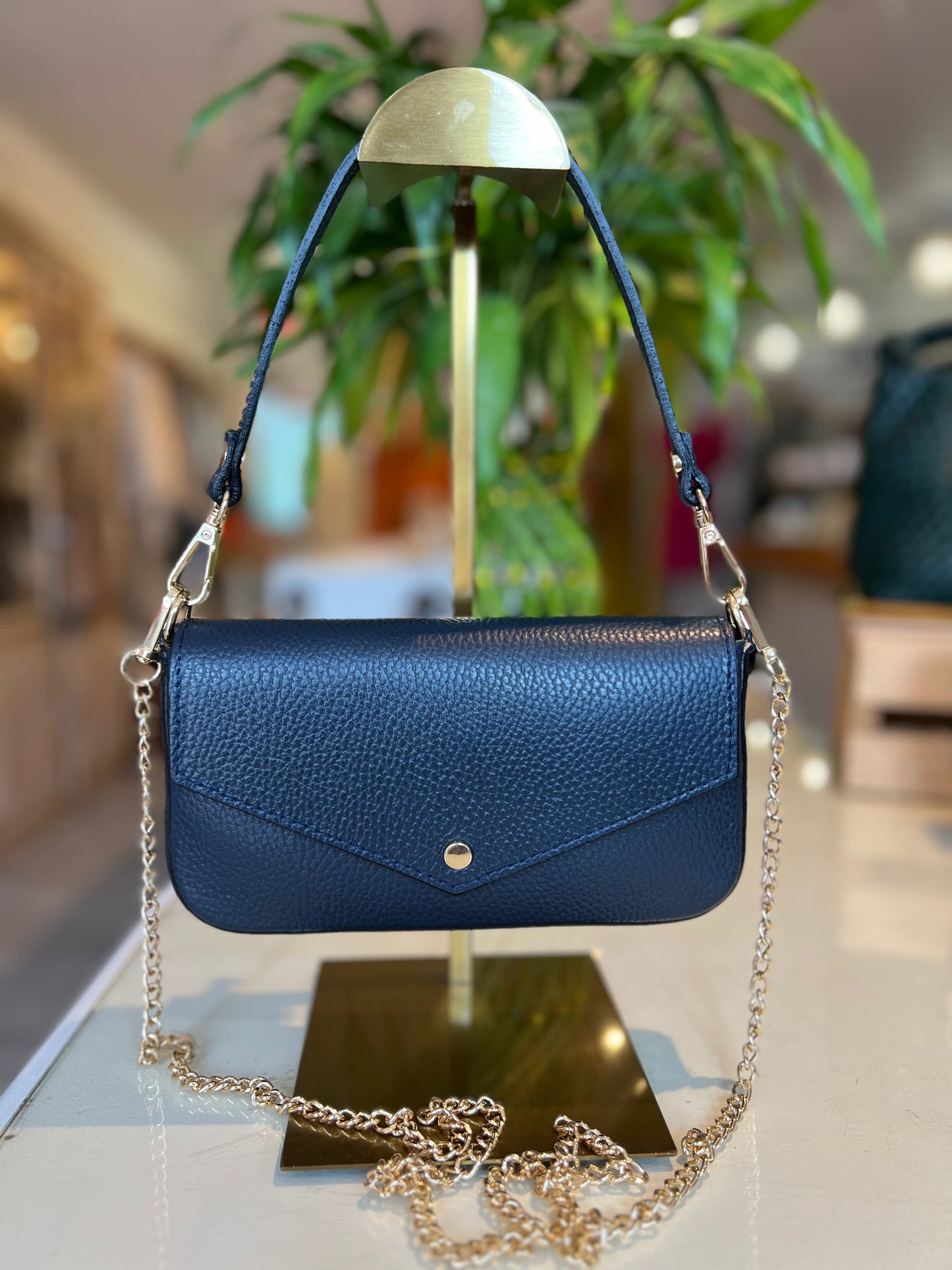 Italian Leather Handle & Crossbody Bag-Navy