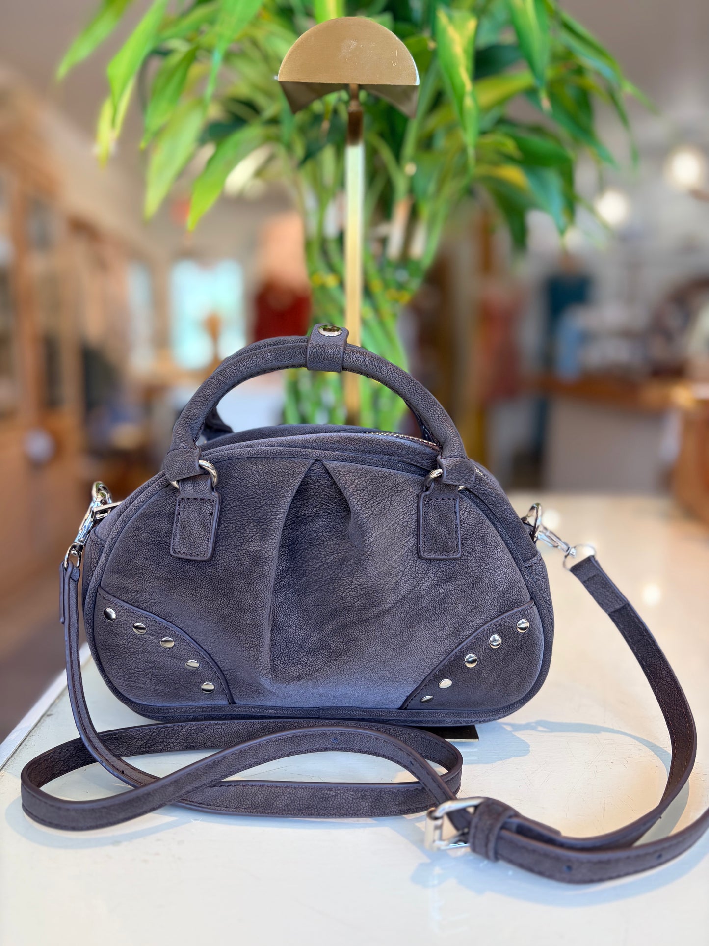 Suede Like Microfiber Leather Bowling/Crossbody Bag-Chocolate