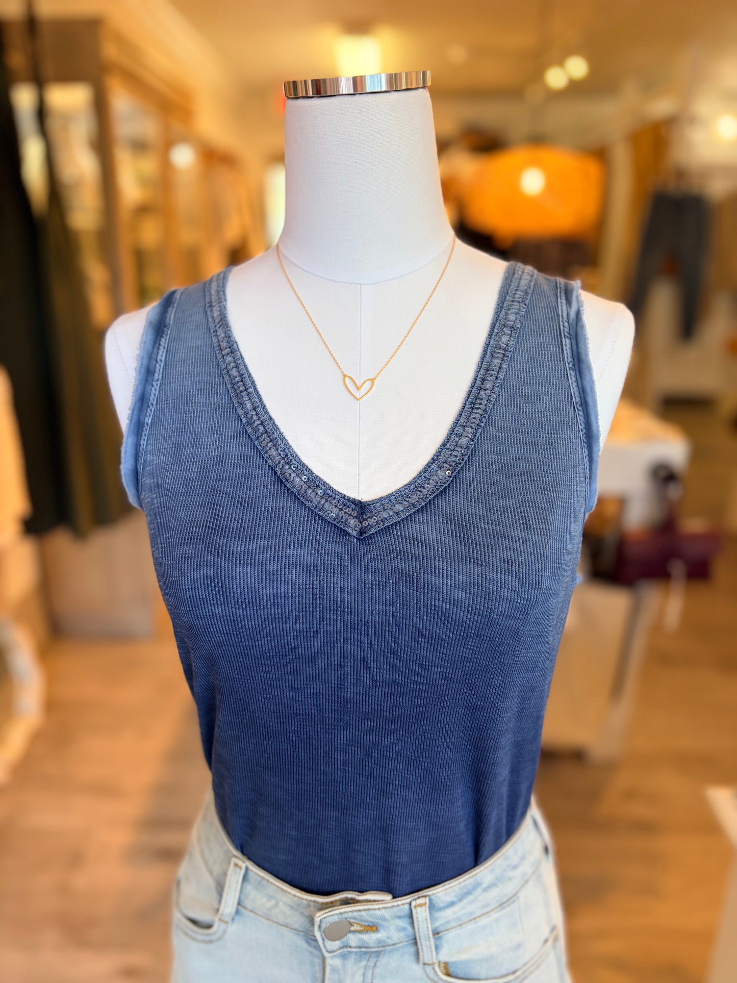 Sequin V-Neck Tank-Navy