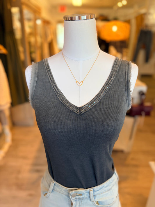 Sequin V-Neck Tank-Grey