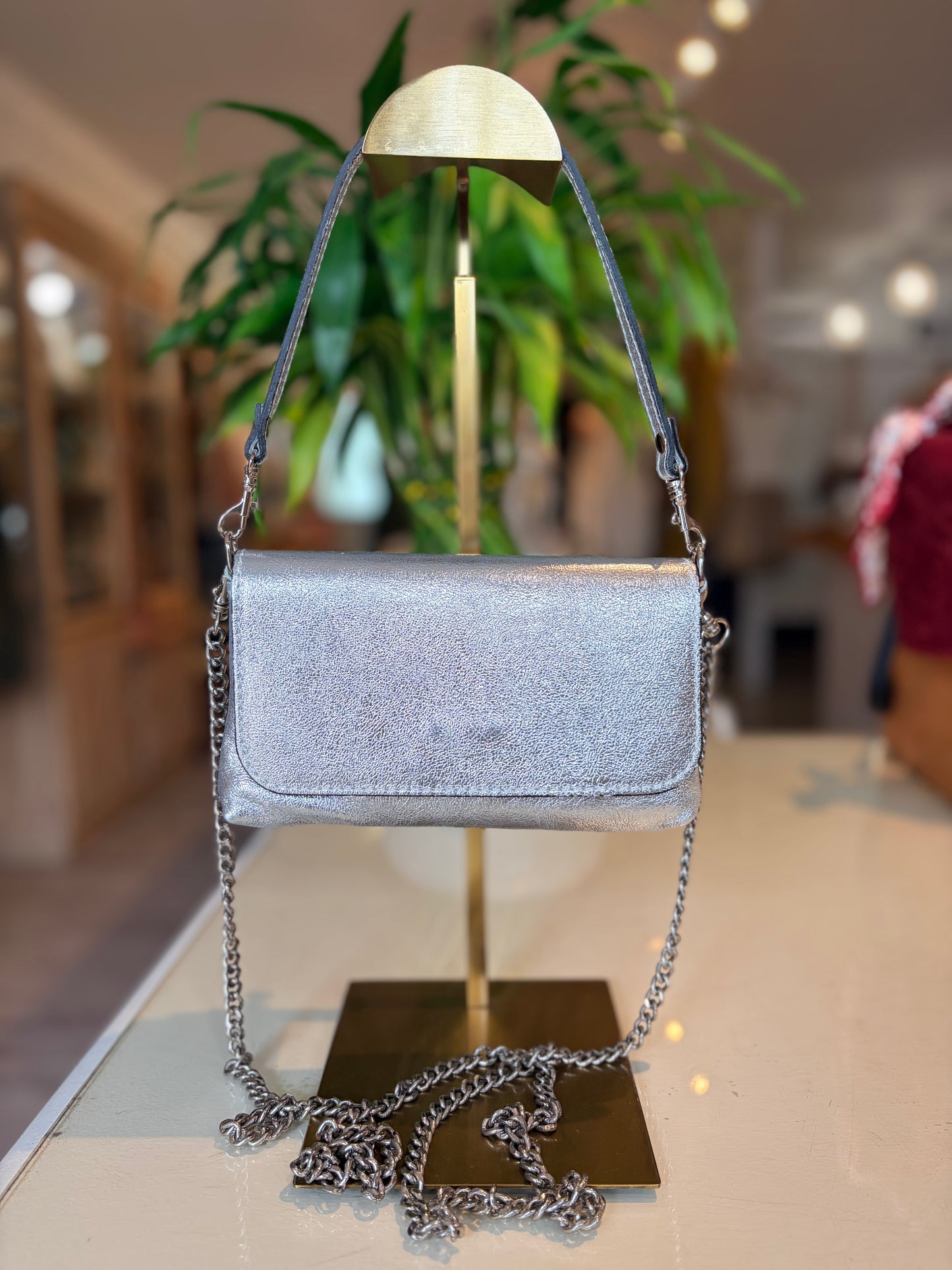 Italian Leather Clutch & Crossbody-Silver
