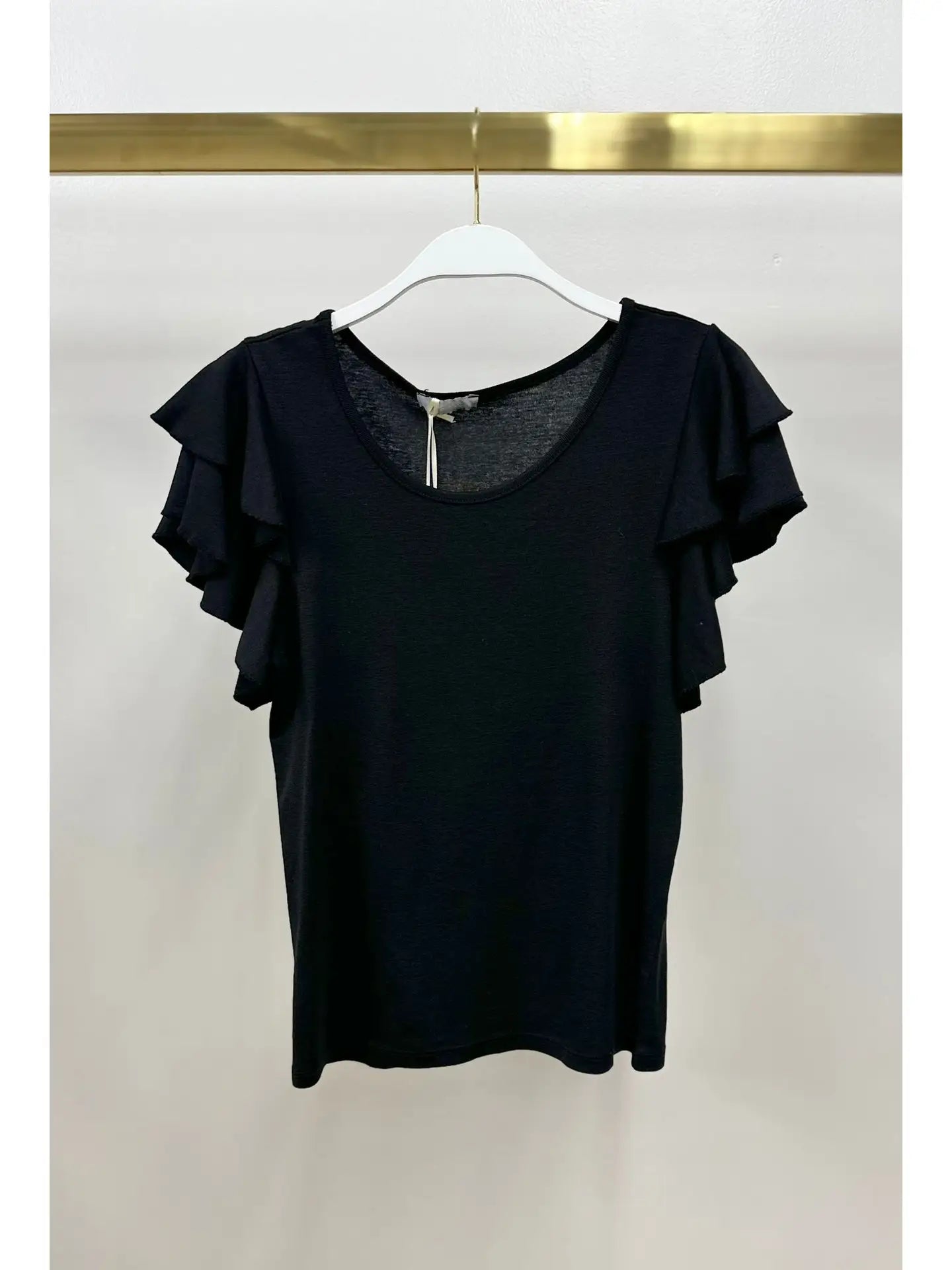 Ruffle Short Sleeve Crew Neck Top-Black