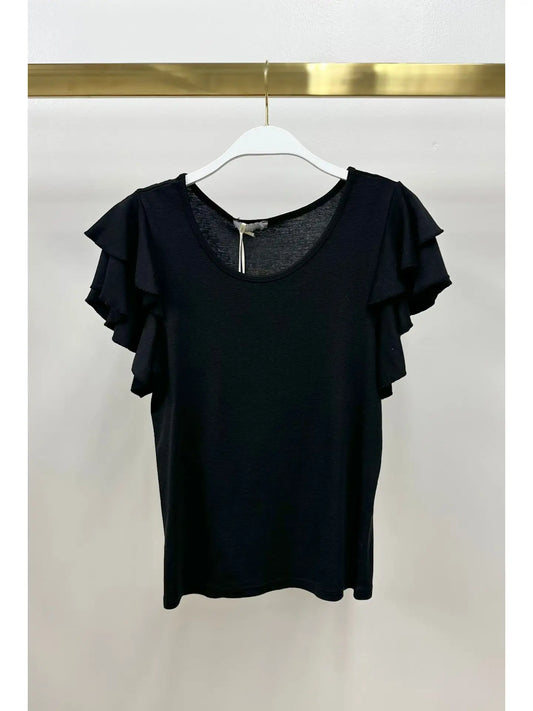 Ruffle Short Sleeve Crew Neck Top-Black