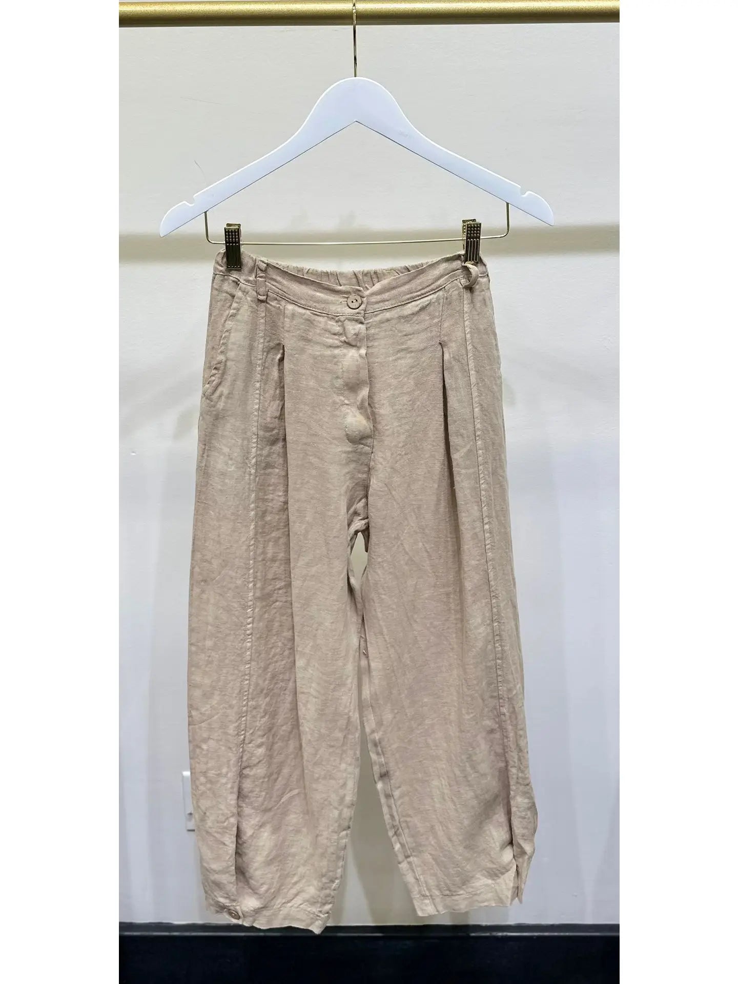Pleated Linen Pants w/Hem Detail & Pockets-Earth Beige