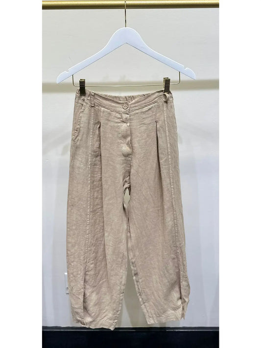 Pleated Linen Pants w/Hem Detail & Pockets-Earth Beige