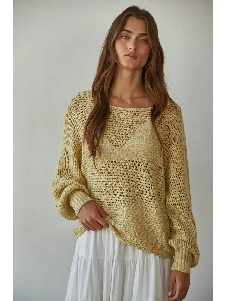 Knit Sweater Crochet Round Neck Long Sleeve Top-Dusty Lemon