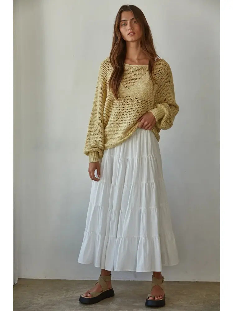 Knit Sweater Crochet Round Neck Long Sleeve Top-Dusty Lemon