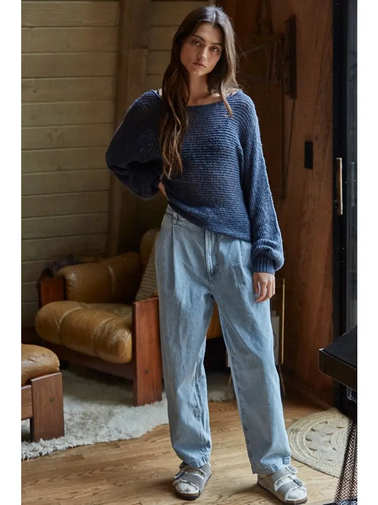 Knit Sweater Crochet Round Neck Long Sleeve Top-Navy