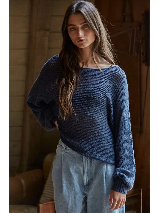 Knit Sweater Crochet Round Neck Long Sleeve Top-Navy