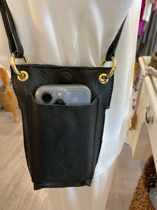 Leather Cellphone Crossbody Purse-Black