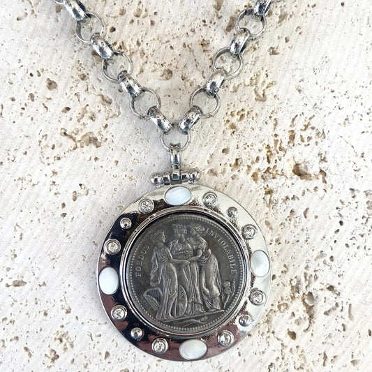 Greek Coin Necklace Three Graces Medallion-Burnished Silver