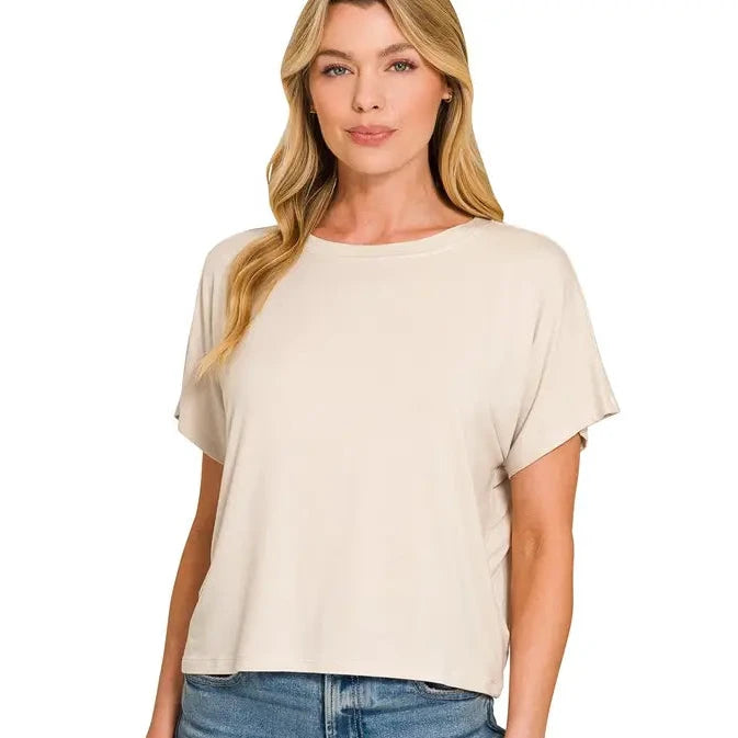 Cropped Round Neck Tee-Sand Beige