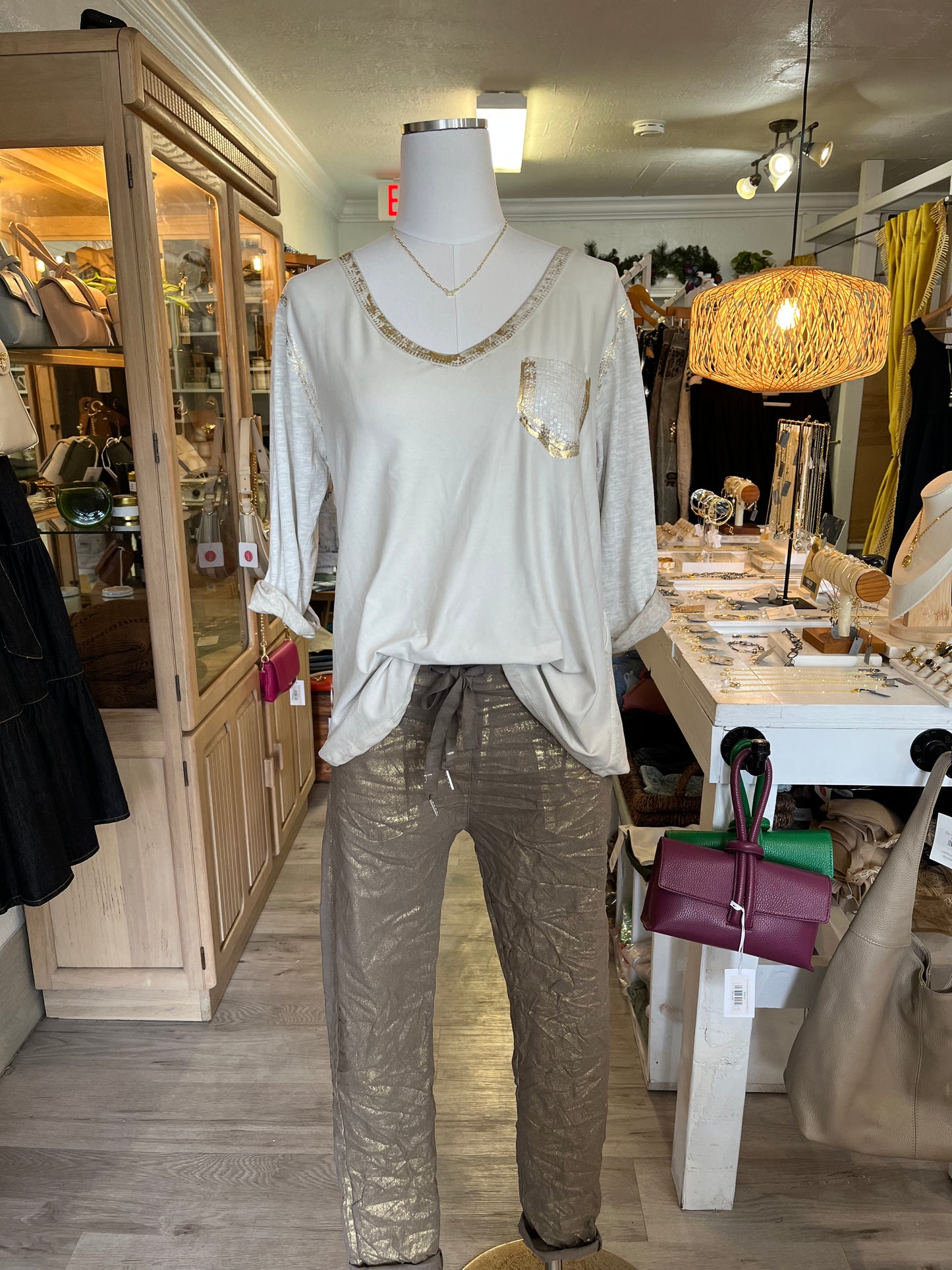 Gold Foil Pants-Taupe