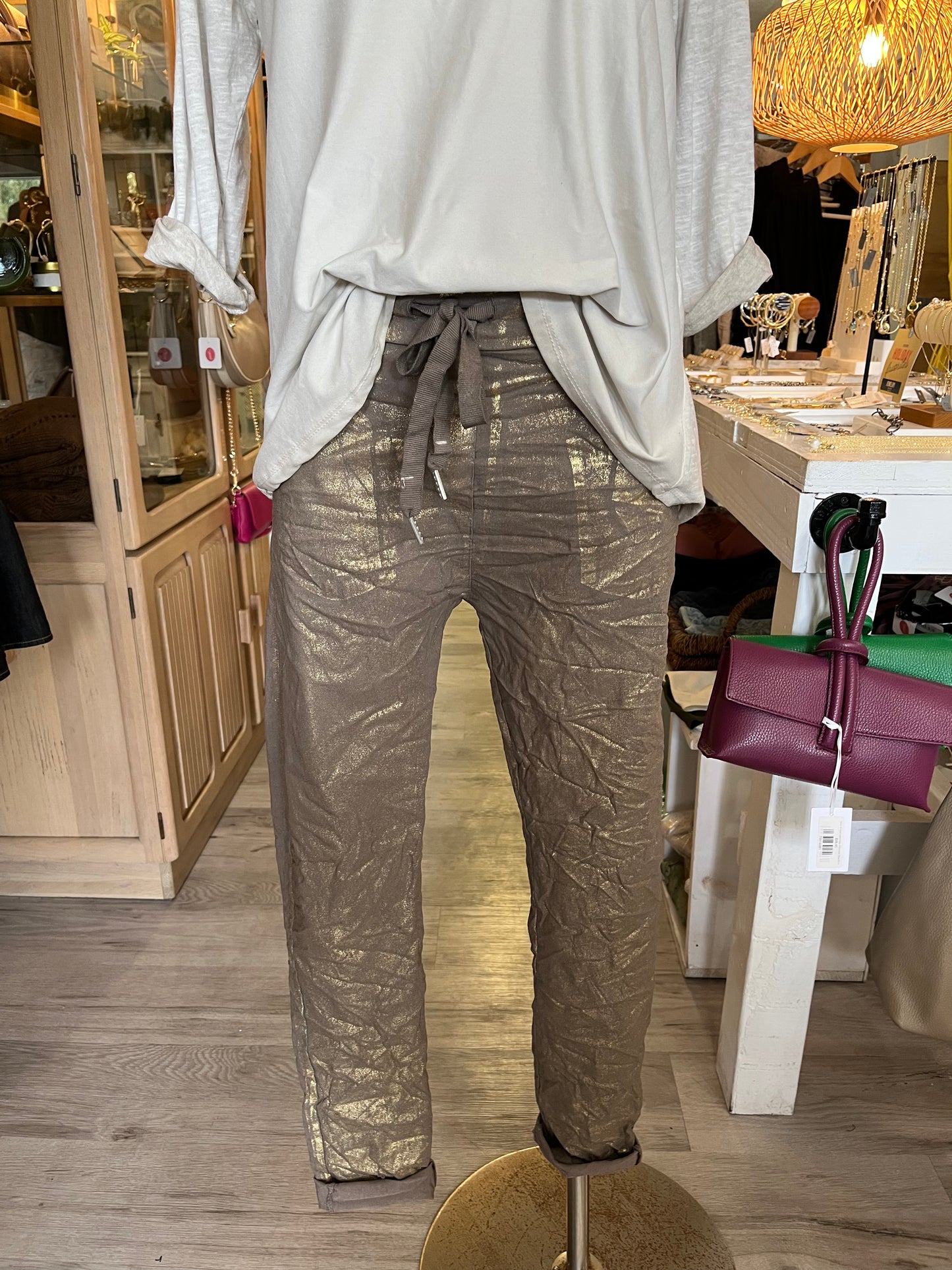 Gold Foil Pants-Taupe