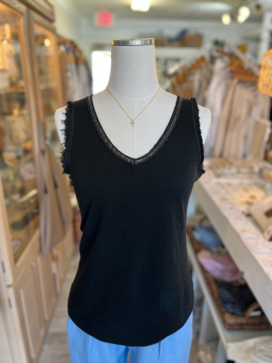 Sequin V-Neck Tank-Black