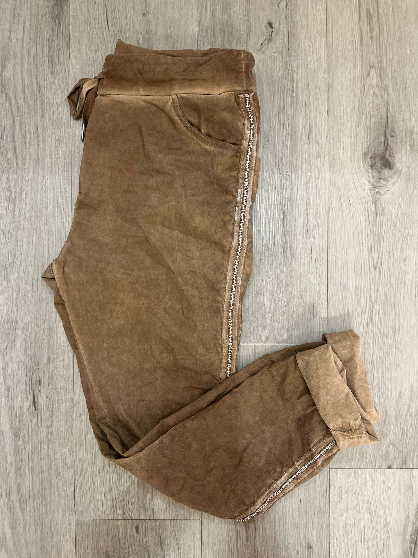 Rhinestone Stretch Pants-Camel