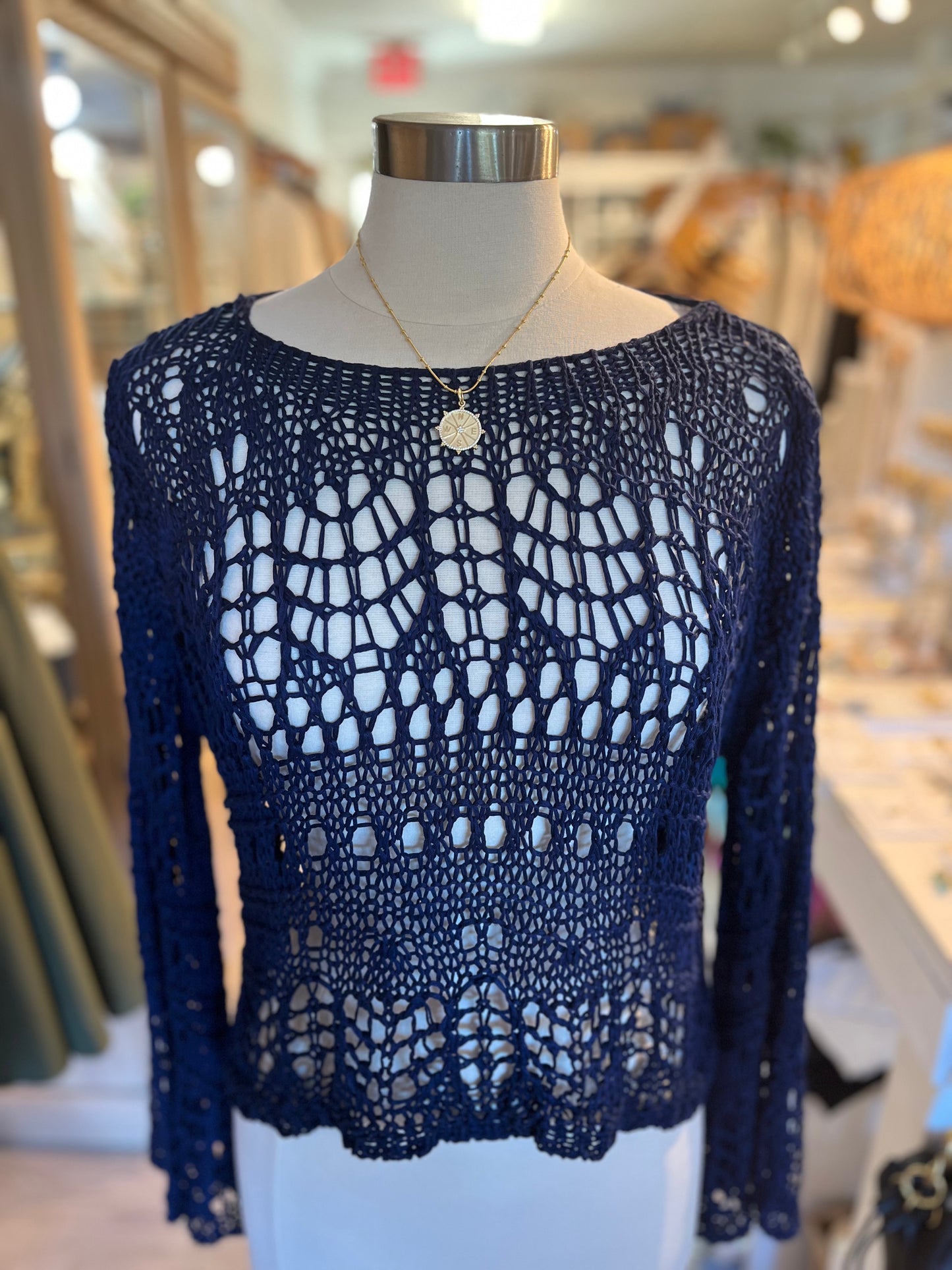 Crochet Long Sleeve Top-Navy