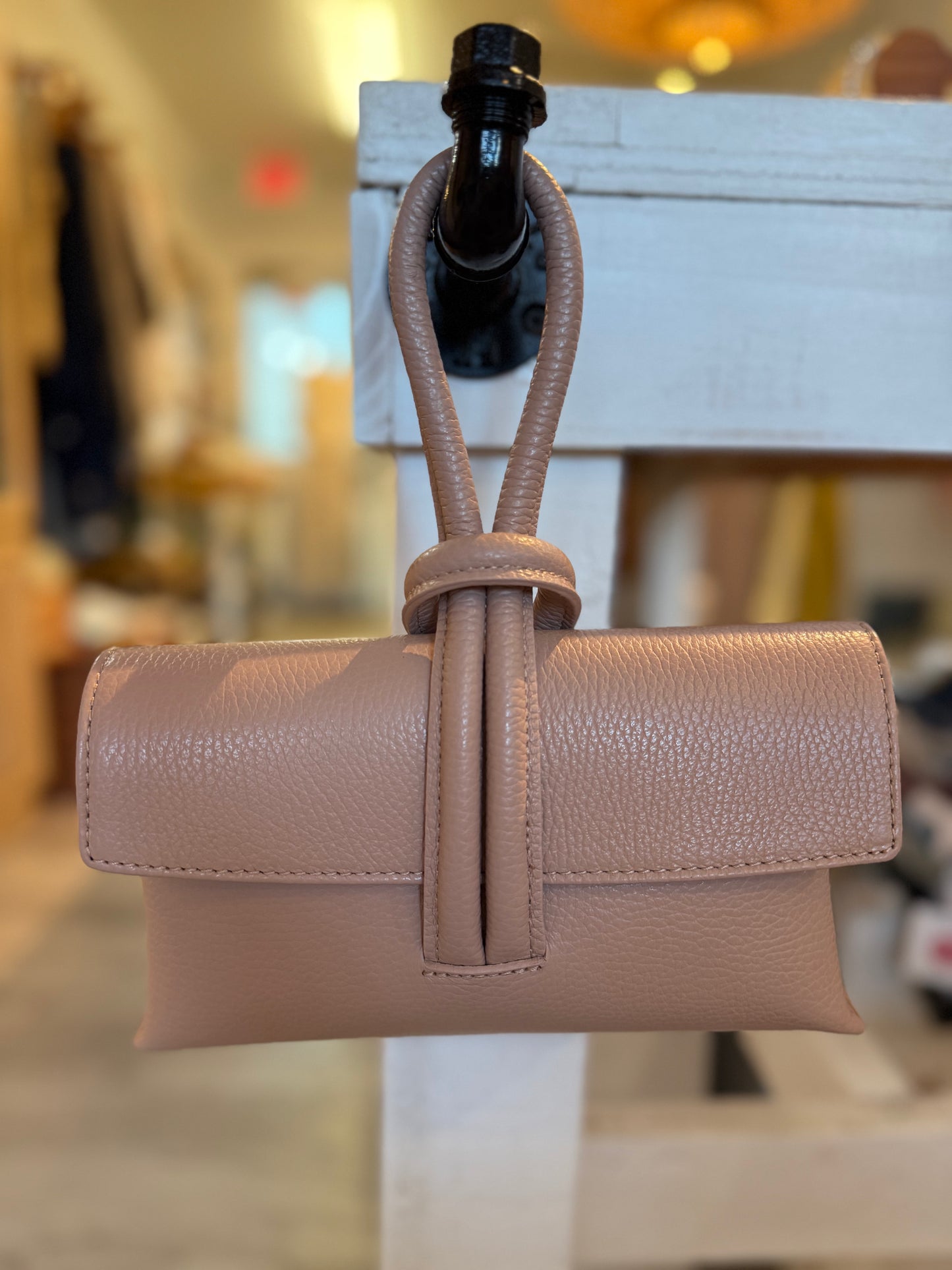 Italian Wristlet Leather Bag w/Shoulder Strap-Nude