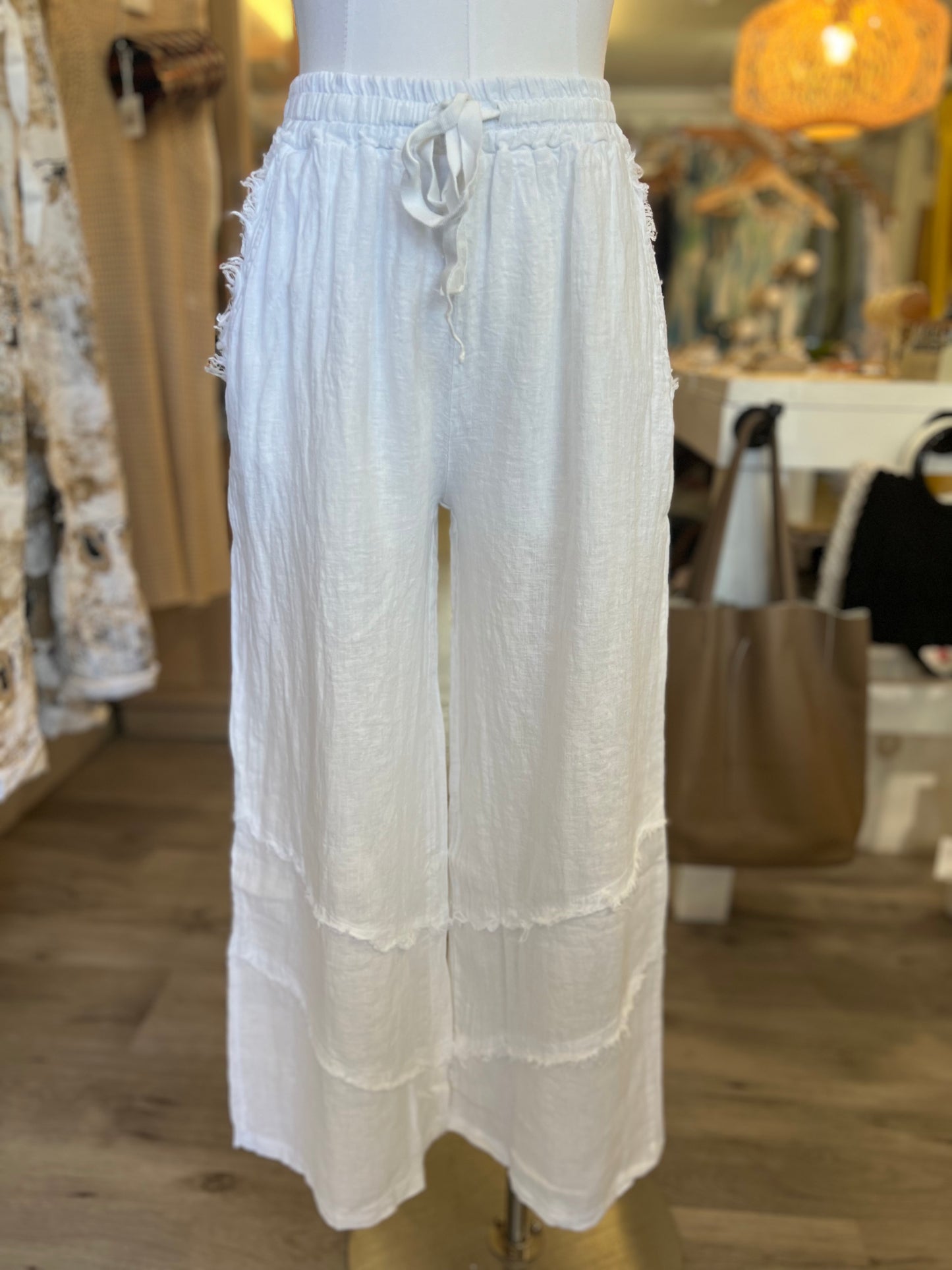 Italian Linen Frill Trim Palazzo Pants/White
