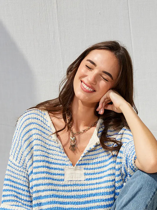 Striped Slouchy Sweater-Ecru/Blue