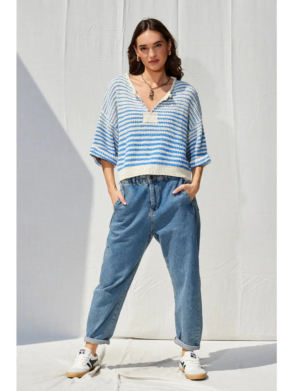 Striped Slouchy Sweater-Ecru/Blue