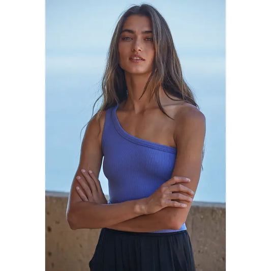 One Shoulder Tank Top-Blue Iris