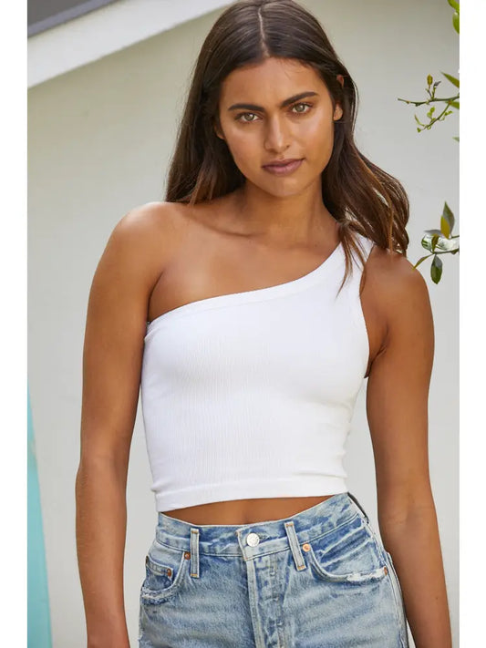 One Shoulder Tank Top-White