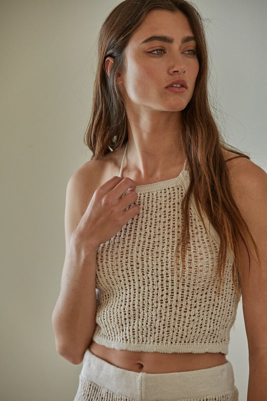Crochet Knit Tassel Halter Neck Tank-Natural